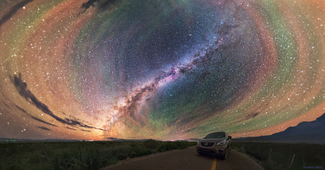 The featured image shows colourful airglow rings 
in the sky in front of a centred band of our Milky Way
Galaxy.
Please see the explanation for more detailed information.