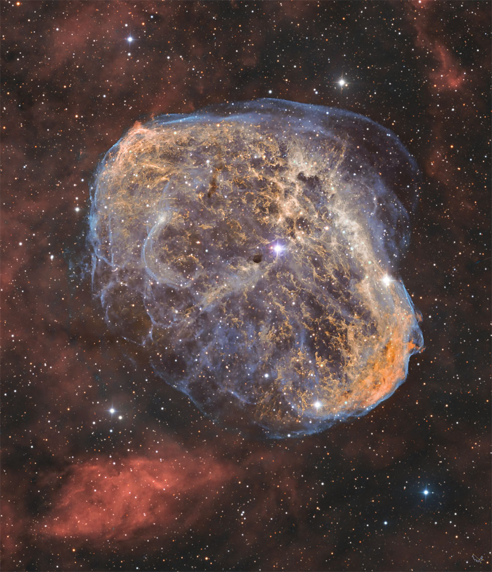 A starfield is shown with a unusual textured nebula
in the centre coloured in brown with blue trimmings. Diffuse
red nebula appear around the edges. In the centre is an
opaque brown object. 
Please see the explanation for more detailed information.