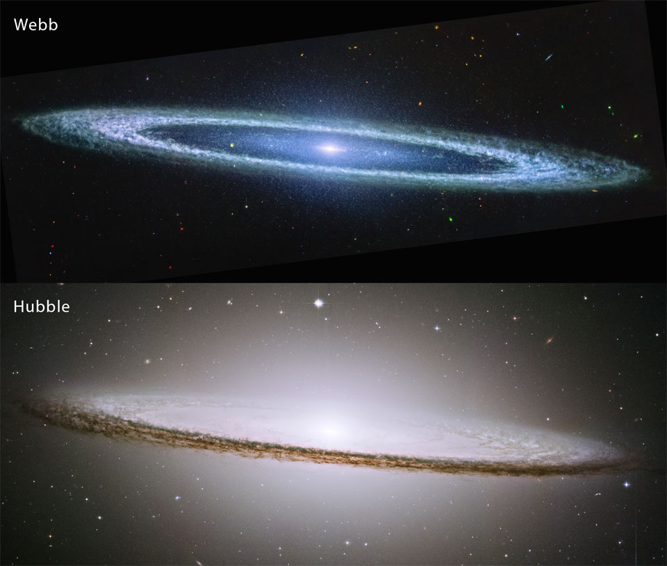 The top panel shows a flat ring with a bright centre
in blue, even though it was taken in near infrared light.
The bottom panel shows the same galaxy in visible light
and shows a brighter and more expansive centre against
which the flat ring appears dark. 
Please see the explanation for more detailed information.