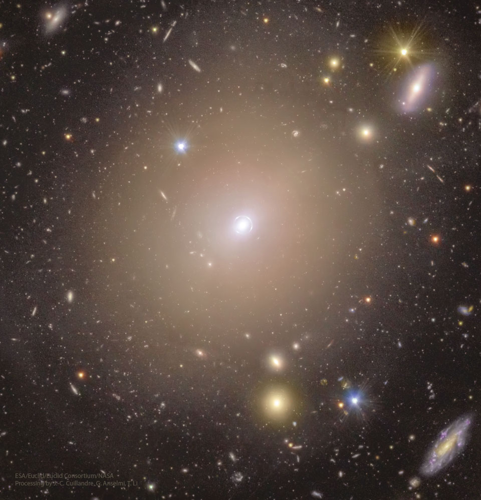 A cluster of galaxies is shown with many galaxies
around the cluster centre. A close look at this centre
shows that it is encompassed by a narrow ring of light.
Please see the explanation for more detailed information.