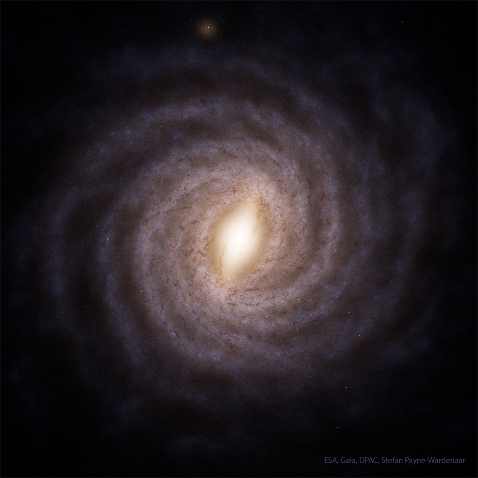 A dark field surrounds a spiral galaxy with multiple arms.
Please see the explanation for more detailed information.