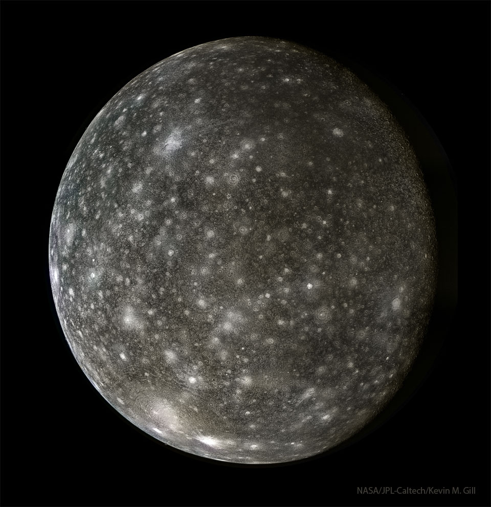 A dark spherical body is shown that has many light
craters. 
Please see the explanation for more detailed information.