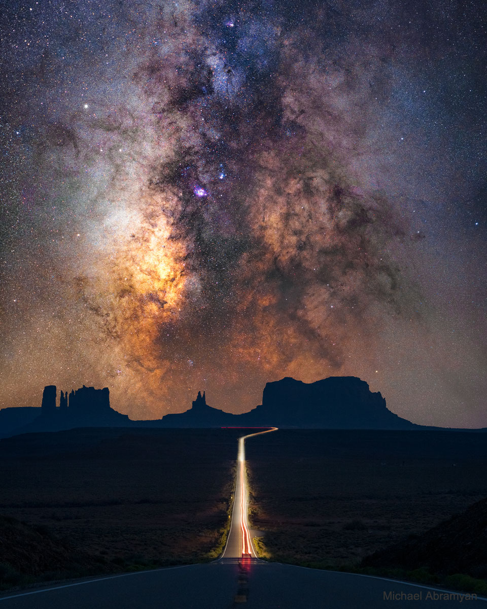 The picture shows the a composite image of Monument Valley, Utah, USA 
in the foreground, and the plane of the Milky-Way Galaxy including 
the Galactic Centre in the background. 
Please see the explanation for more detailed information.