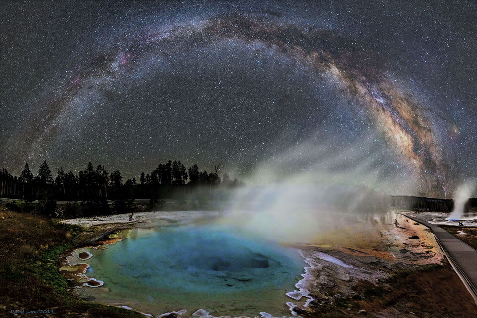 A landscape image shows a starfield above a lake.
Part of the lake is evaporating into the sky on the 
right. The arch of the Milky Way Galaxy curves overhead.
It may look like the evaporation is creating the Milky Way.
Please see the explanation for more detailed information.