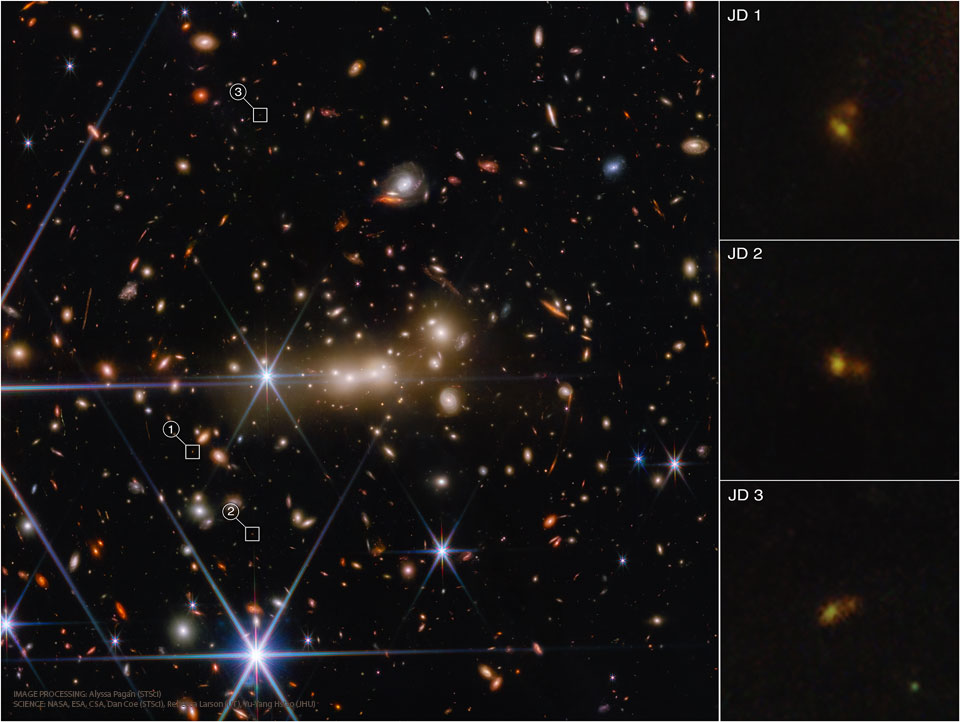 Distant galaxies appear as yellow blurry dots while a few nearby
bright stars appear in white and surrounded by spikes caused by 
diffraction. 
Please see the explanation for more detailed information.