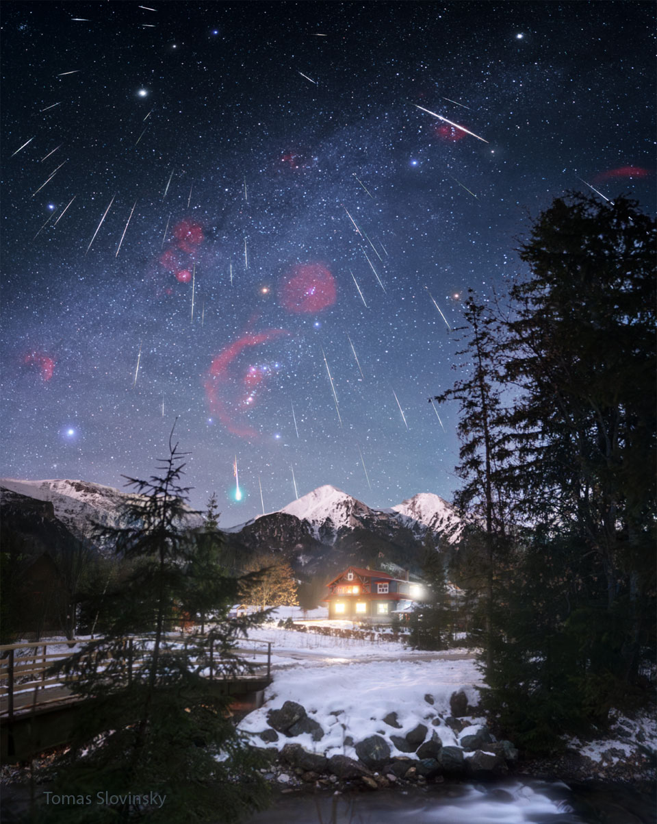 A picturesque winter landscape is seen before a dark but
busy sky. A stream and a house are visible in the foreground,
while snow-capped mountains are seen on the far horizon. In the
sky are many stars and many streaks caused by meteors. Also 
some red gaseous nebulae are visible in the sky. 
Please see the explanation for more detailed information.