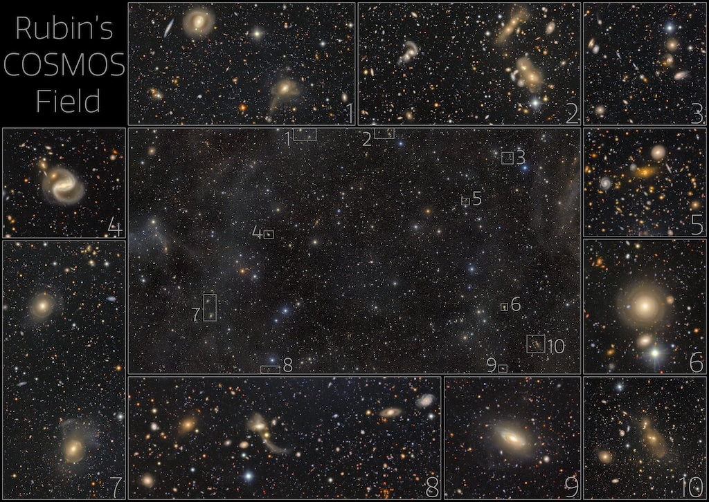A deep field image of the sky, with some
	  highlighted areas shown with a zoom-in.