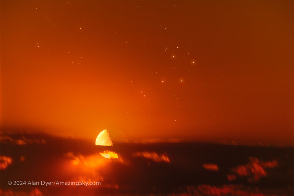 The featured image shows an orange sky
with clouds across the bottom and several bright stars
near the top centre. Just at the top of the cloud deck 
on the left is a half-lit Moon. 
Please see the explanation for more detailed information.