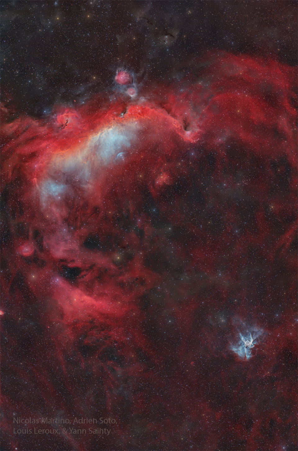 A tall starscape appears to have two bright nebulae.
The large one at the top is coloured mostly red and is known
as the Seagull Nebula. The small one near the bottom right
is known as Thor's Helmet. 
Please see the explanation for more detailed information.