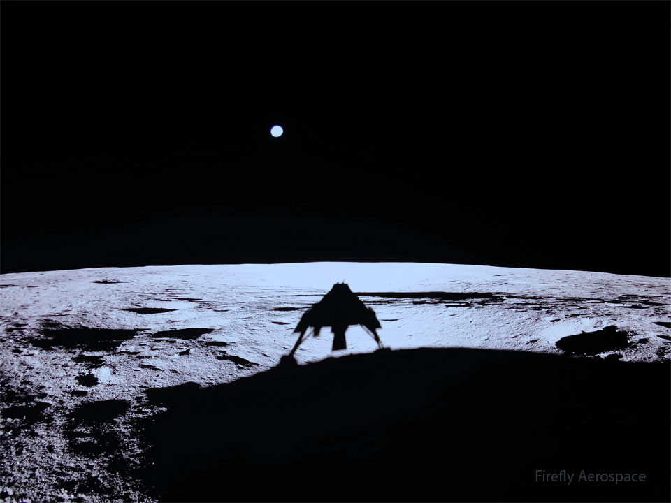 A dark sky is shown above a bright desolate landscape.
The landscape is the Moon and large shadows appear, with
one being the shadow of lunar lander. A bright dot appears
over the horizon that is distant planet Earth. 
Please see the explanation for more detailed information.