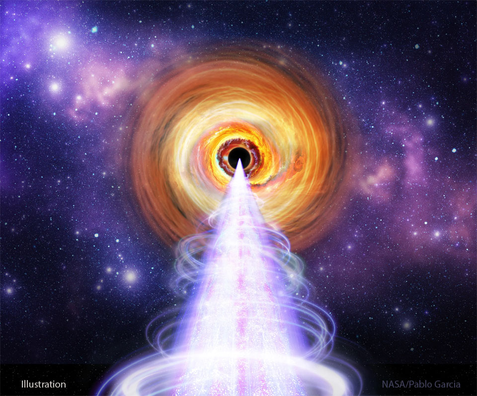 An artist's illustration of what the surroundings 
of the supermassive black hole at the centre of BL Lac
is shown. A white jet protrudes horizontally toward
the bottom of the image, emanating from a orange accretion
disk surrounding a black hole. 
Please see the explanation for more detailed information.